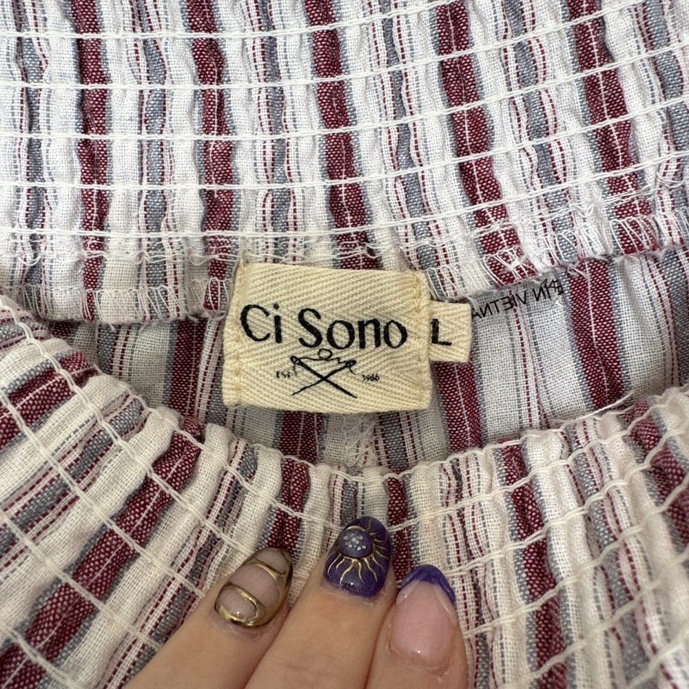 Linen Wide Leg Striped Pants Large Smocked Waist Coastal Nautical Beachy Summer - Picture 5 of 9